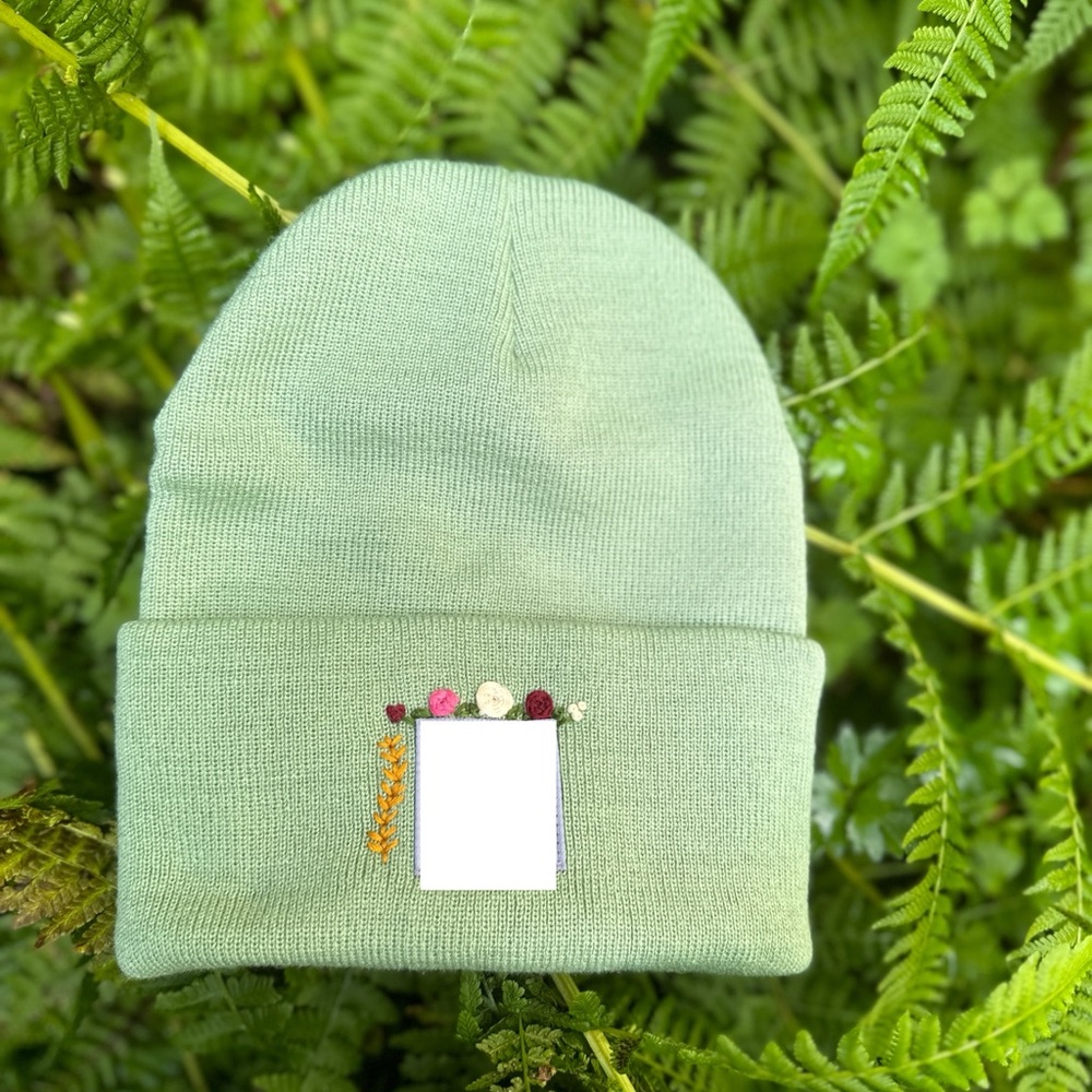 Embroidered Green Knit Beanie Hat